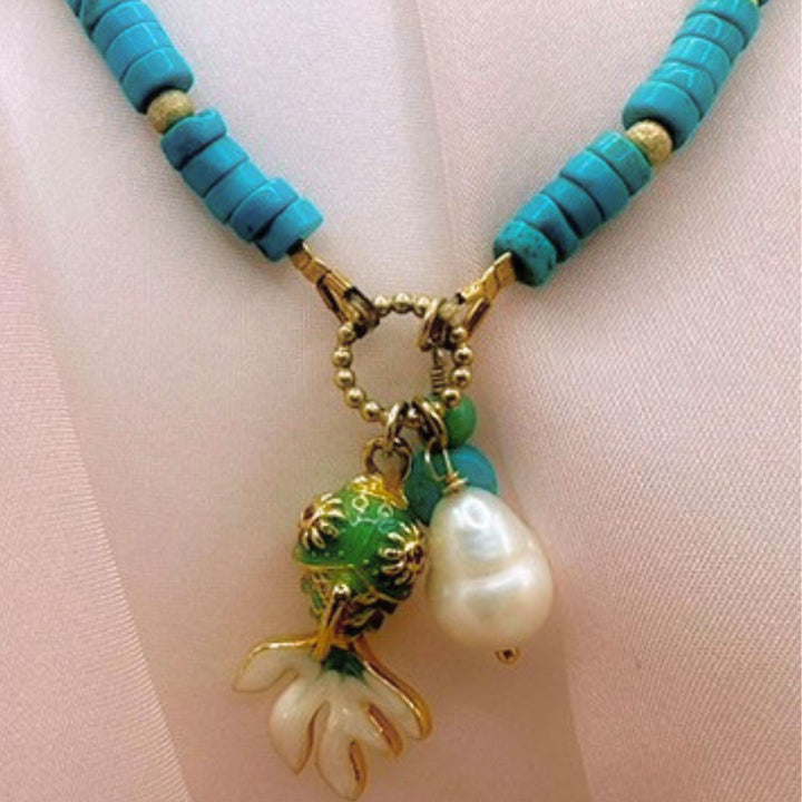 Turquoise & Pearl Fish Necklace