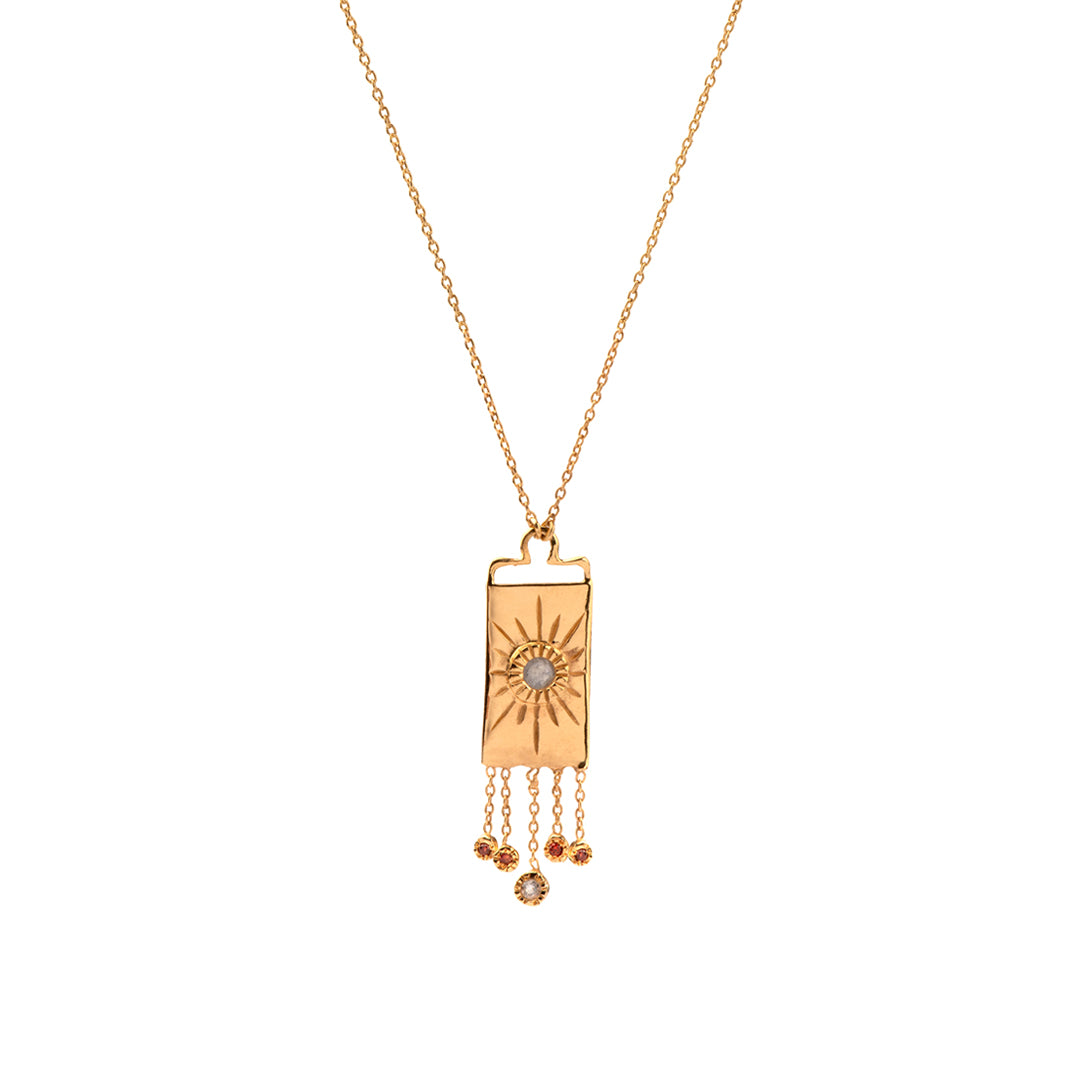 Aura Shield necklace in 18k gold-plated sterling silver with Labradorite and Carnelian.