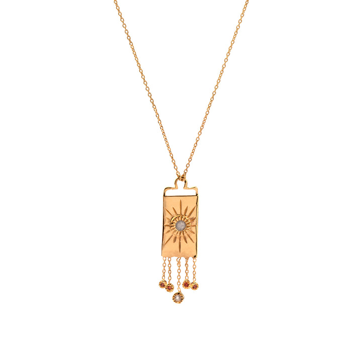 Aura Shield necklace in 18k gold-plated sterling silver with Labradorite and Carnelian.
