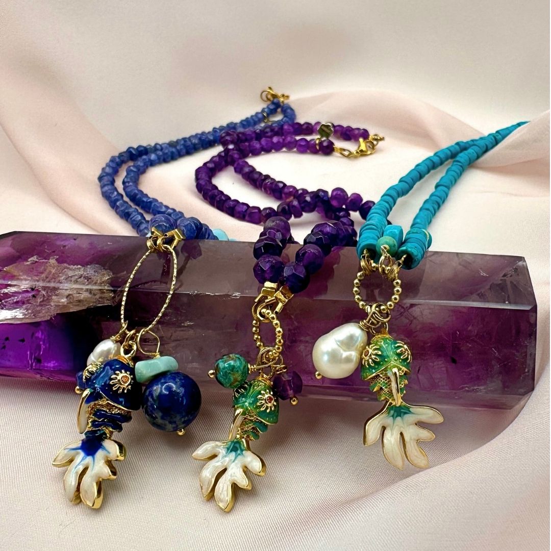 Collier Poisson en Améthyste et Turquoise