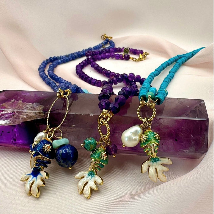 Collier Poisson en Améthyste et Turquoise