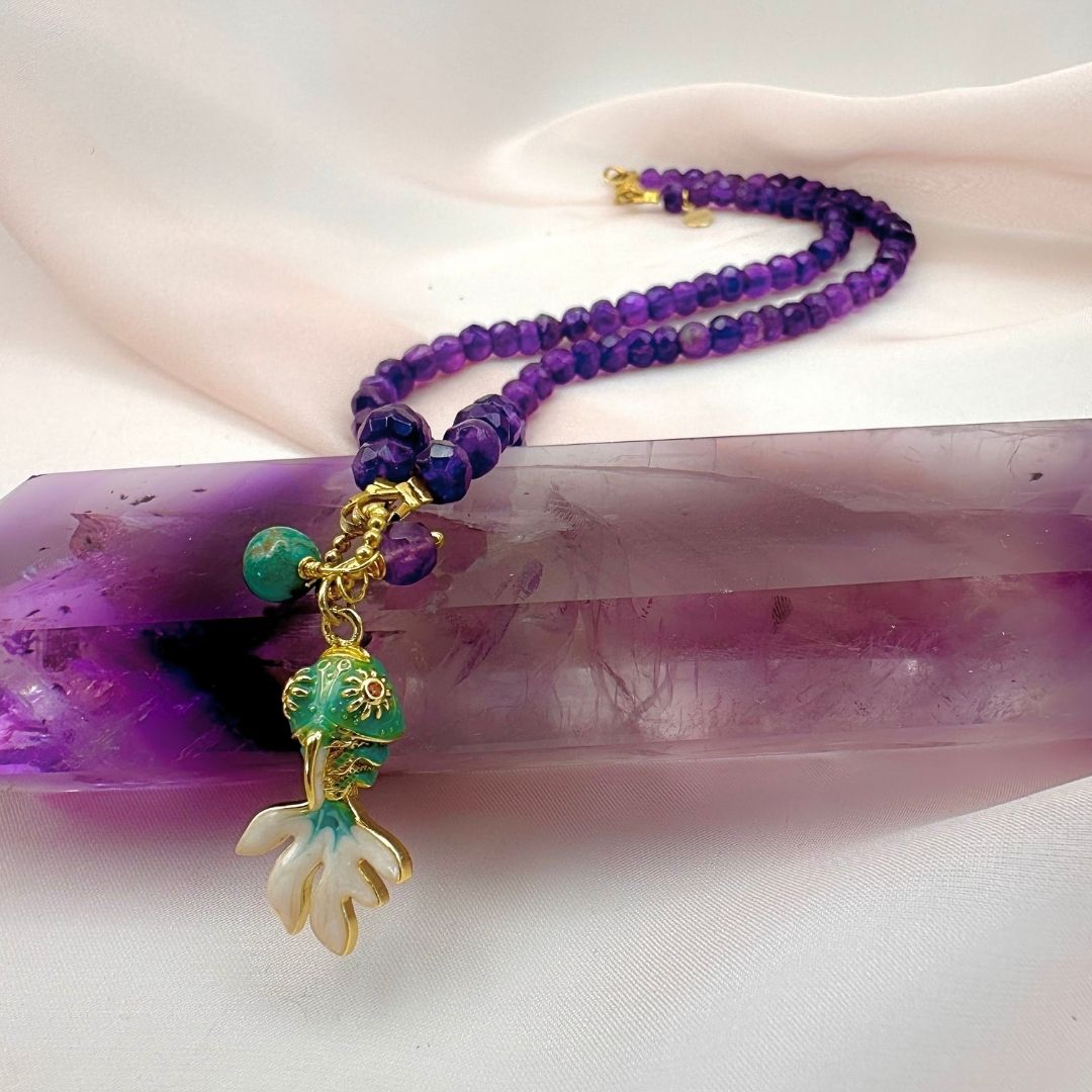 Collier Poisson en Améthyste et Turquoise
