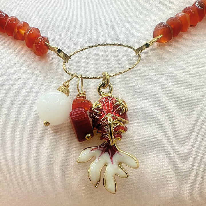 Carnelian, Coral & Moonstone Fish Necklace