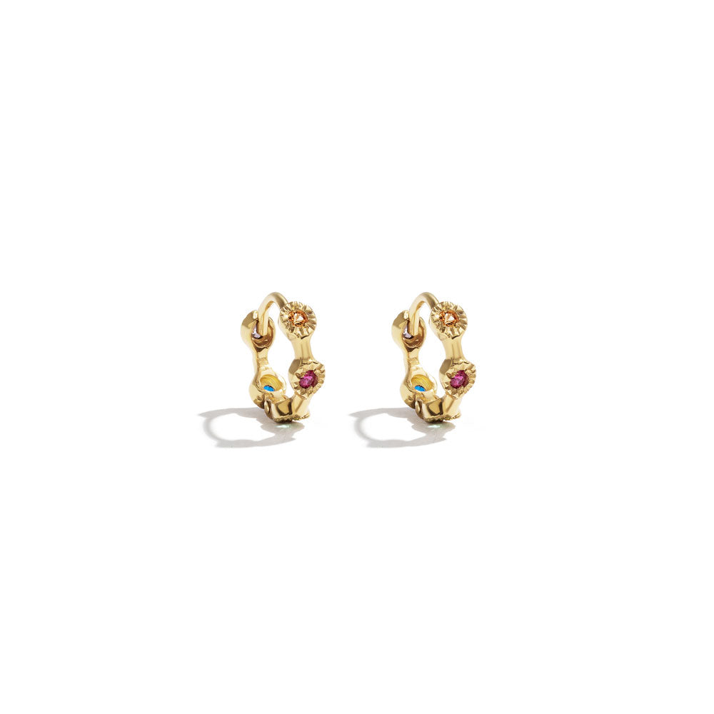 Gold & Rainbow Precious Stone  Mini Hoop Earring